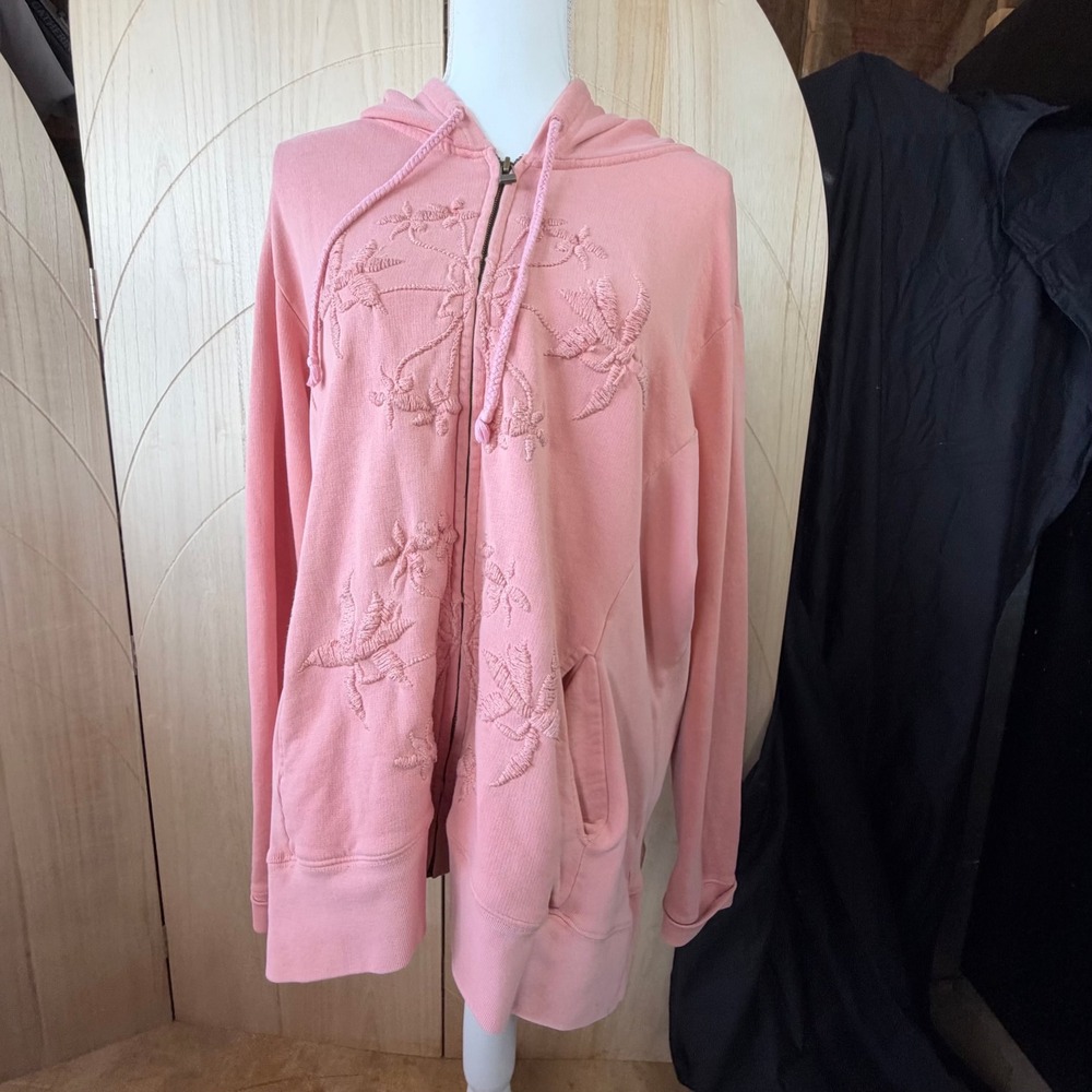 Natural Reflections Hoodie Womens 1X Pink Floral Embroidered Full Zip Cotton